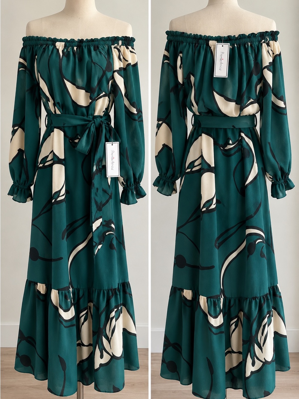 Premier Teal Off-Shoulder Floral Maxi Dress with Cream Accents